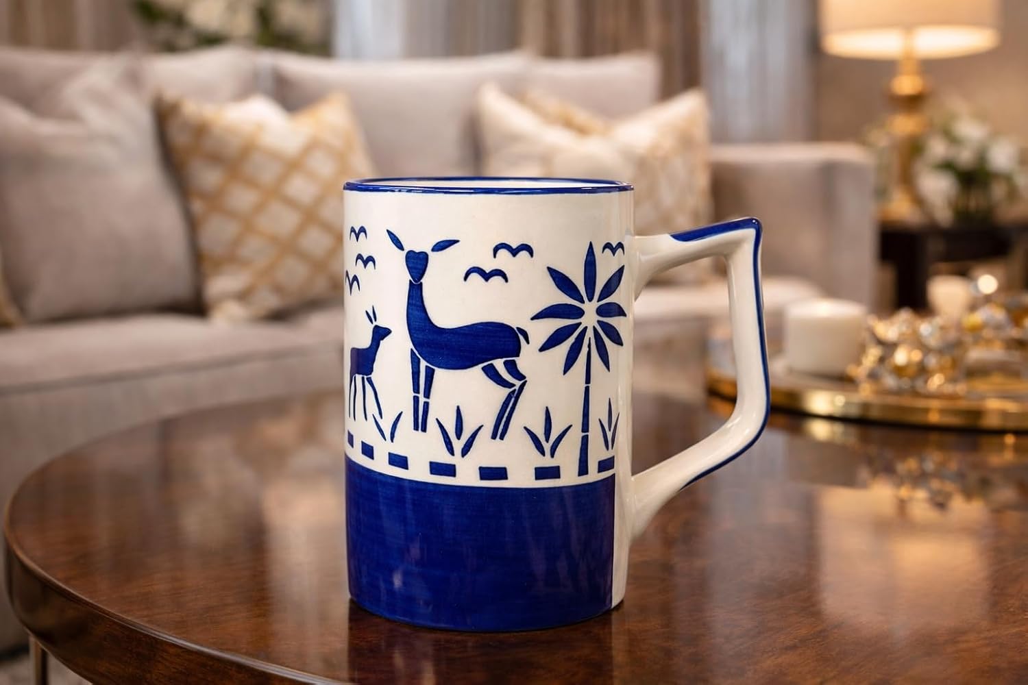 Ceramic Coffee Mug, Blue and White, Deer and Palm Tree Design, Hand Painted Style