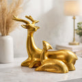 Golden Deer Figurine Set, 2 Piece, Decorative Sculpture, Home Decor Accent, Resting Pose with Antlers