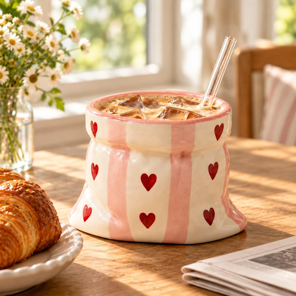 Ceramic Coffee Mug with Pink Stripes and Red Heart Print in Potli Design – view 2