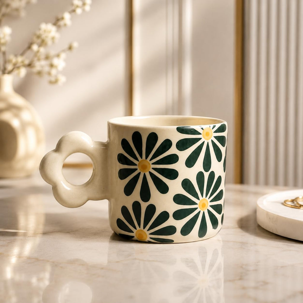 Ceramic Coffee Mug with Unique Flower Handle