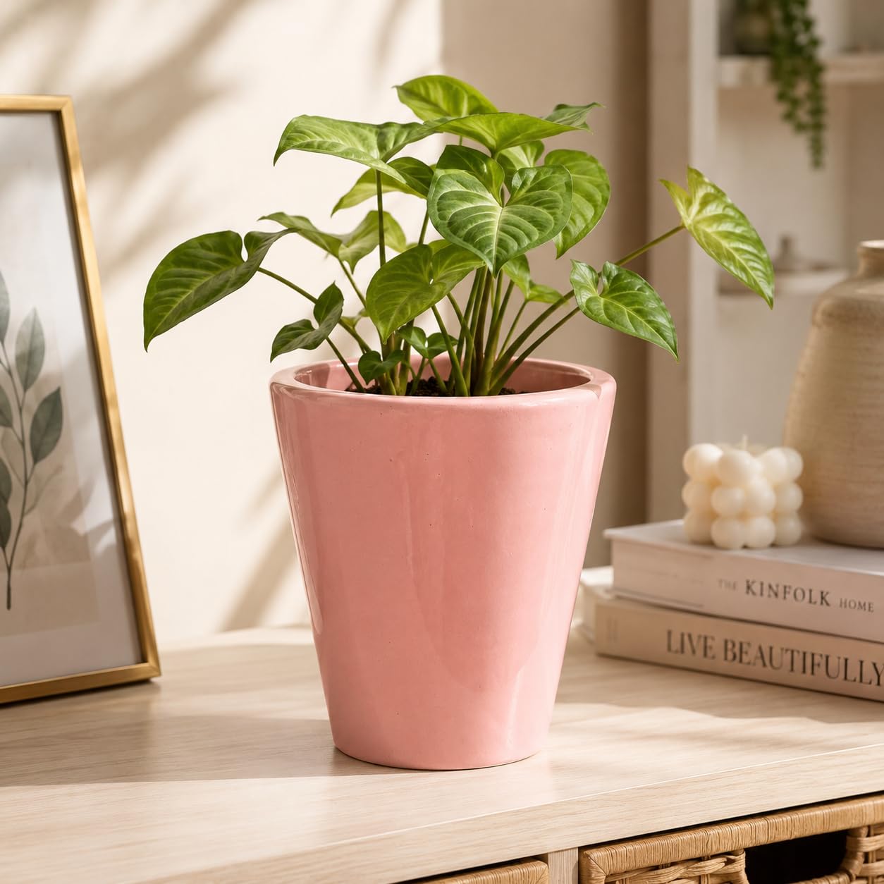 Pink Ceramic Planter Pot, Glossy Finish, Indoor Home Decor | Glazed Ceramic, Tapered Design, Indoor Plant Pot, Tabletop Decor, Blush Pink Colour