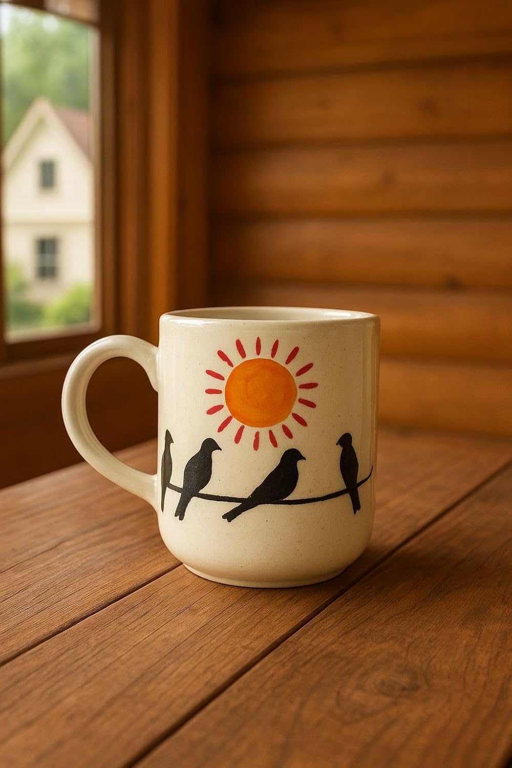 Ceramic Coffee Mug with Birds and Sun Design – view 4