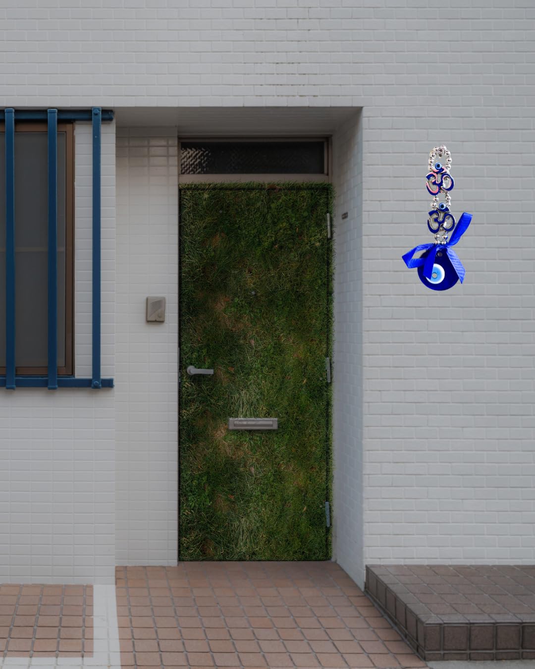 Decorative Om Evil Eye Wall Hanging with Blue Ribbon and Crystal Accents