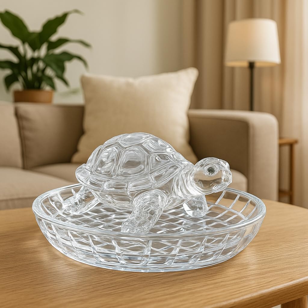 Manifested Decor Vastu Feng Shui Crystal Turtle Tortoise with Plate for Good Luck Feng Shui Tortoise Turtle for Peace & Prosperity (Round Tray)
