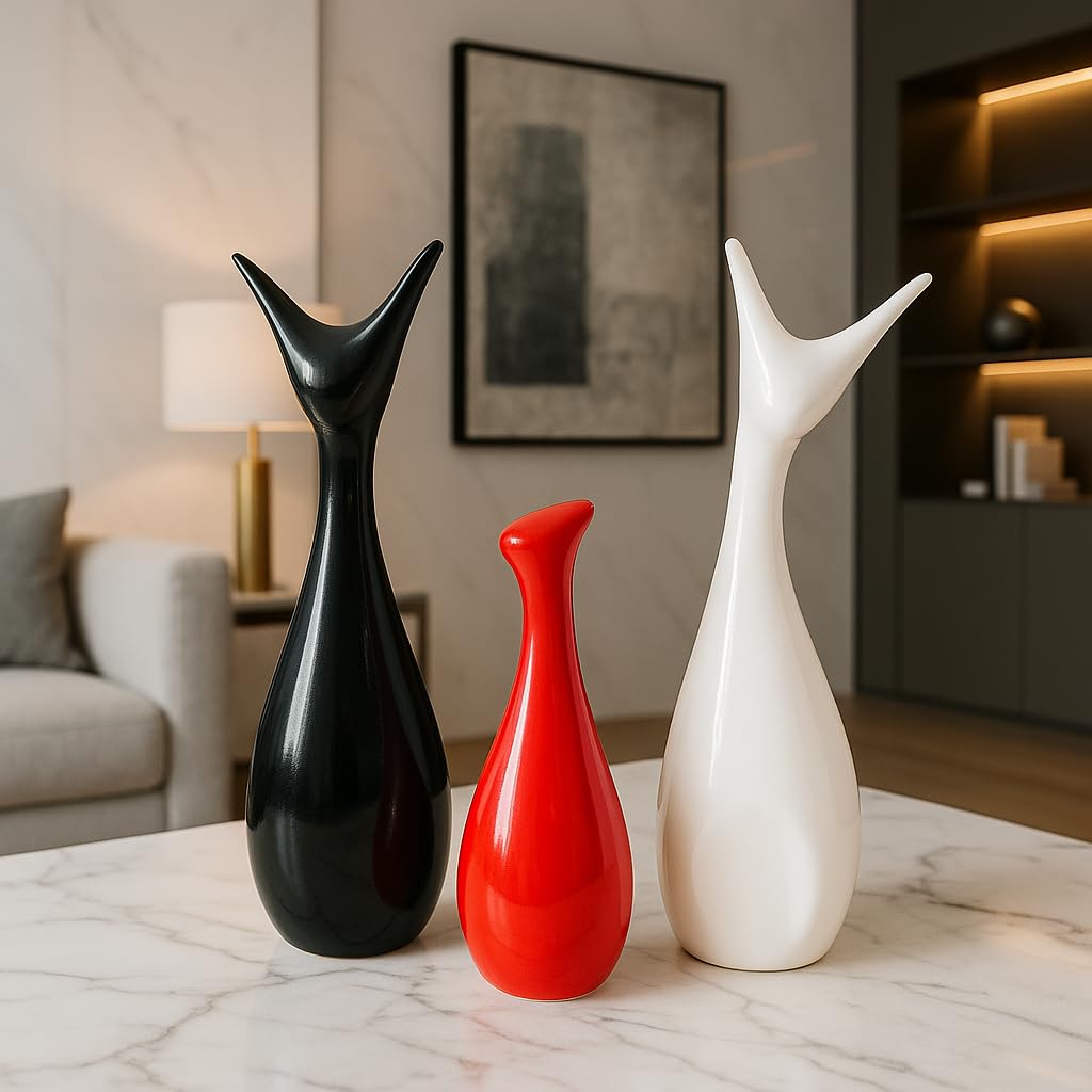 Elegant Deer Family Set – Glossy Ceramic Figurines for Home Decor | Modern Minimalist Reindeer Showpieces (Set of 3, Black, White & Red)
