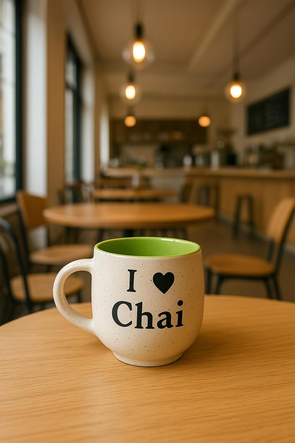 Mini Ceramic Coffee Mug with I Love Chai Print, Speckled Beige with Green Interior, Round Shape