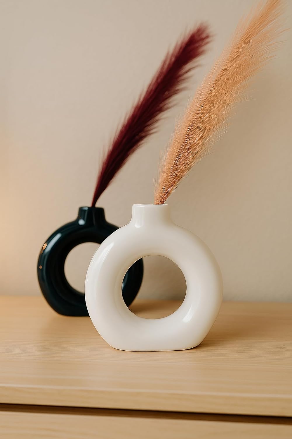 Manifested Decor - Ceramic Black White Donut Vase Combo for Home Decor, Elegant Style, Perfect for Living Room, Bedroom, Office & Wedding Decoration