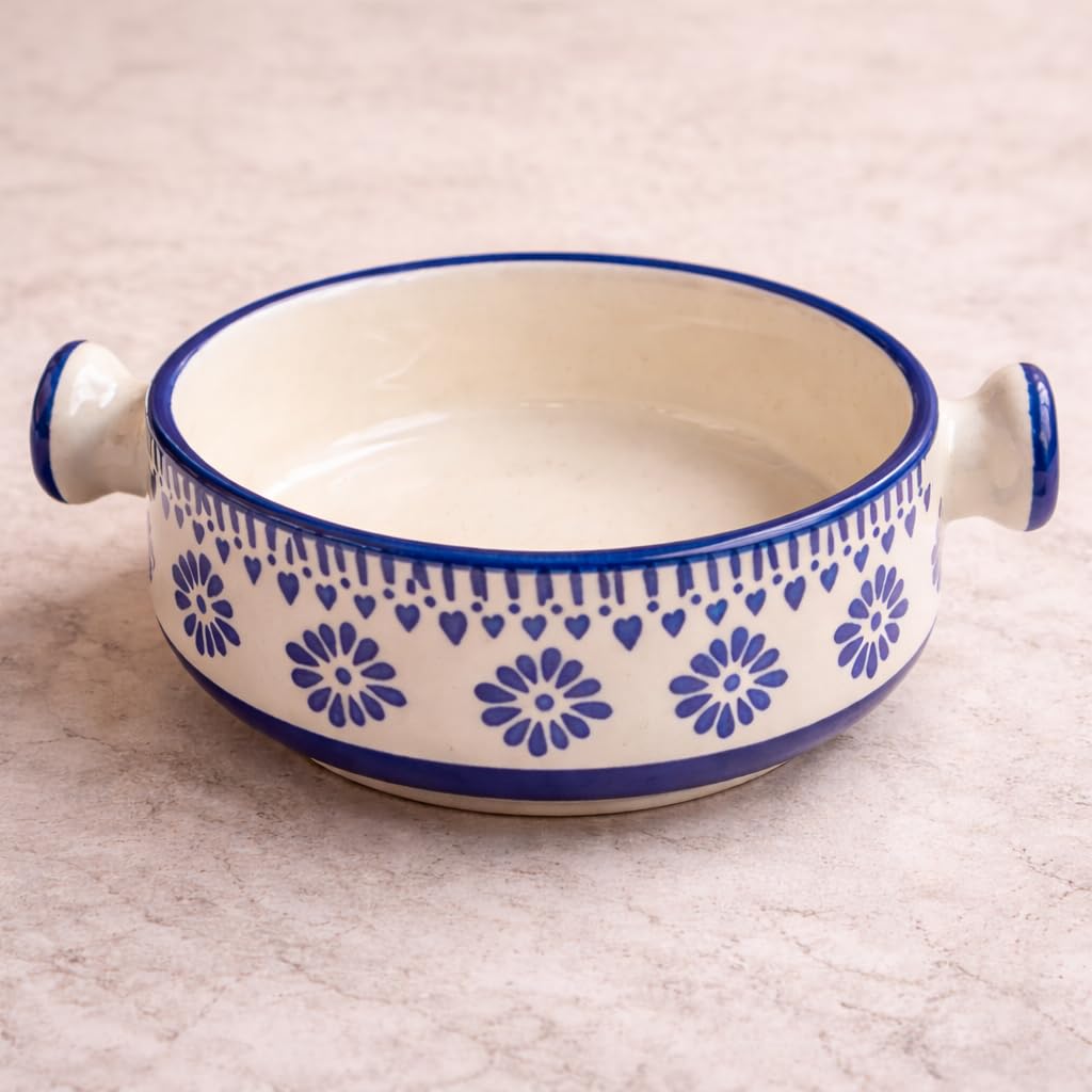 Ceramic Serving Bowl with Handles, Floral Pattern, Kitchen Utensils (Floral Blue)