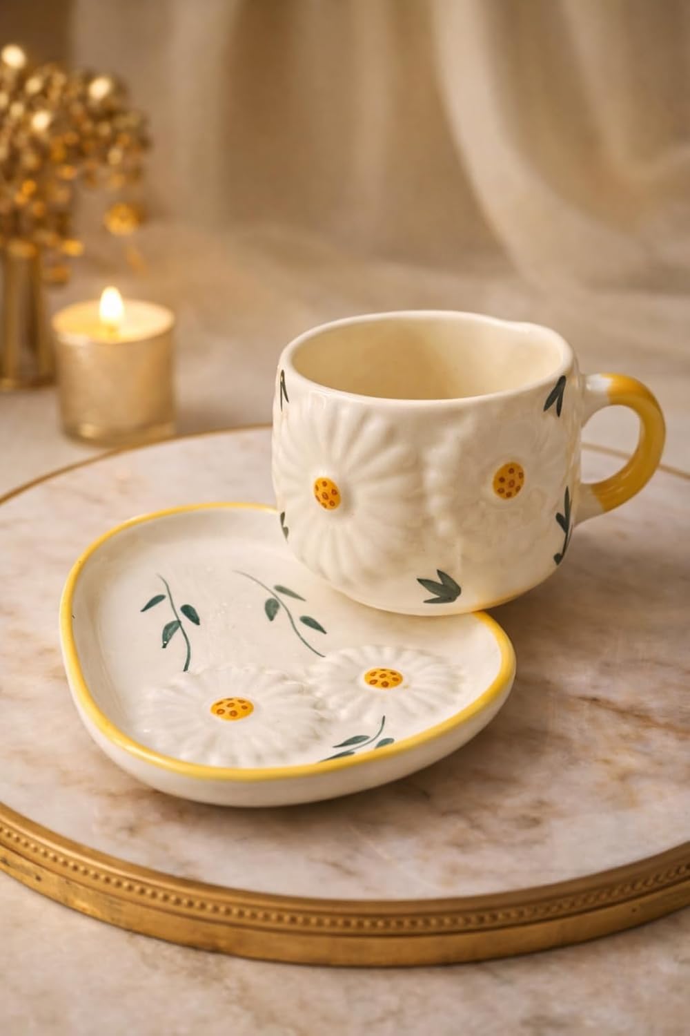 Manifested Decor Ceramic Cup and Saucer Set, White with Yellow Floral Design, Hand-Painted Daisy Pattern, Yellow Rim and Handle