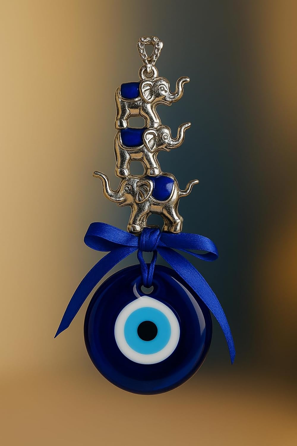 Evil Eye Elephant Wall Hanging, Blue Glass Bead with Silver Elephants, Traditional Good Luck Charm
