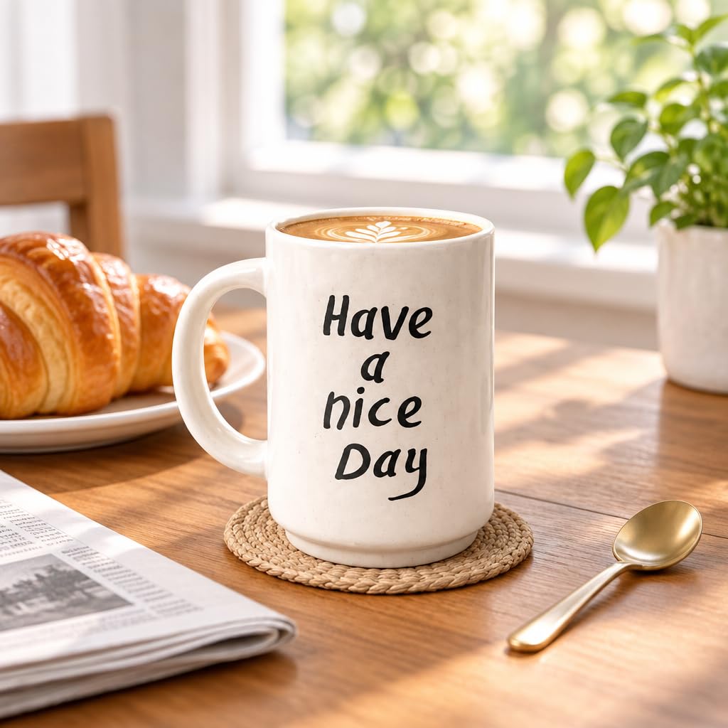 Greetings Ceramic Coffee Mug with Have a Nice Day Quote – view 2