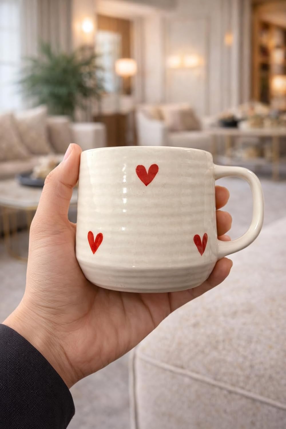 Ceramic Coffee Mug with Red Hearts, White, Ribbed Texture Design, Kitchen Drinkware