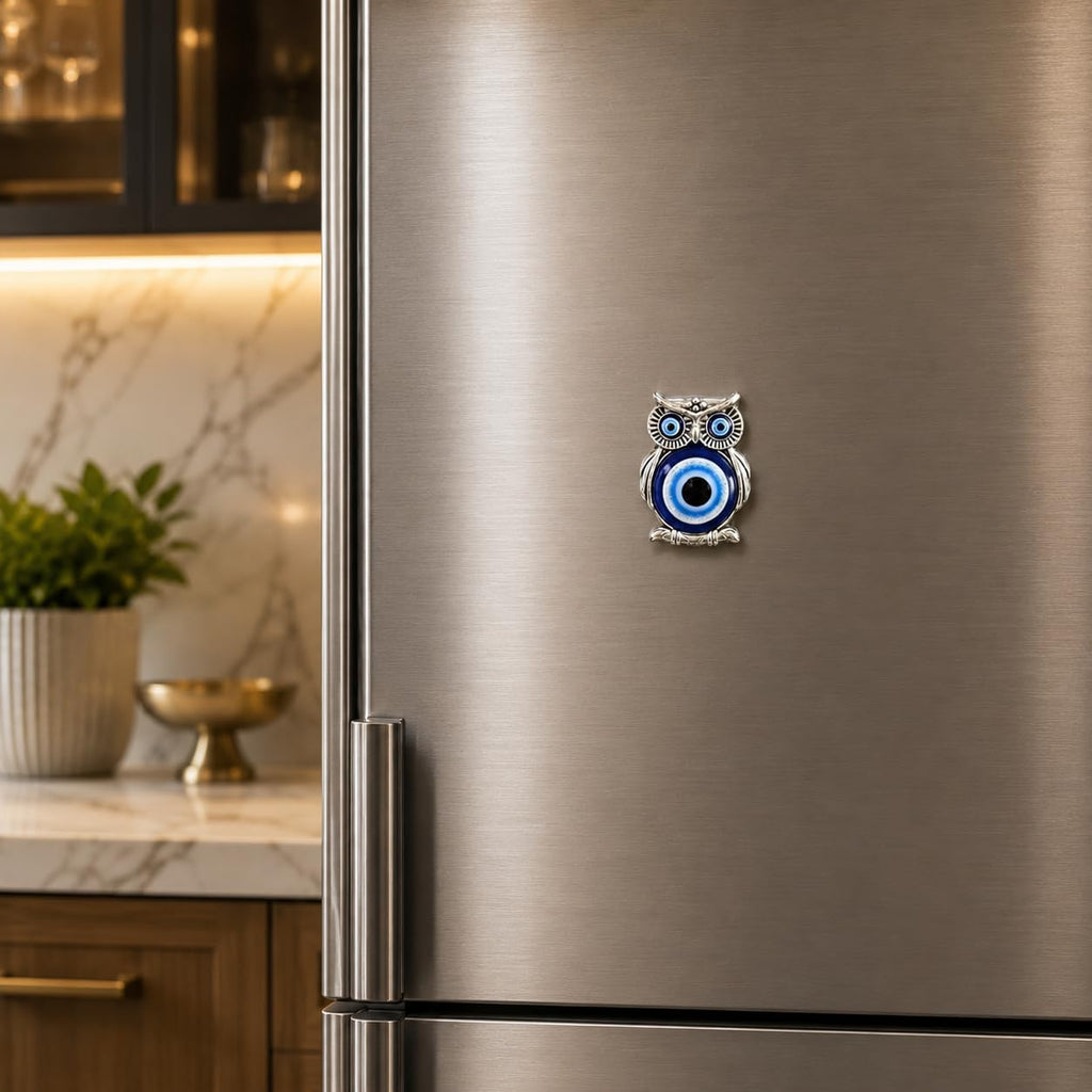 Owl Evil Eye Refrigerator Magnet, Blue, Silver Metal Frame, Nazar Boncuk Talisman, Home Decor