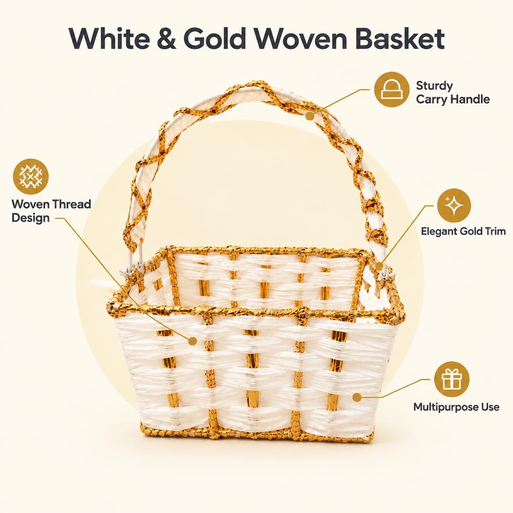 White & Gold Woven Basket for Pooja with Sturdy Carry Handle – view 2