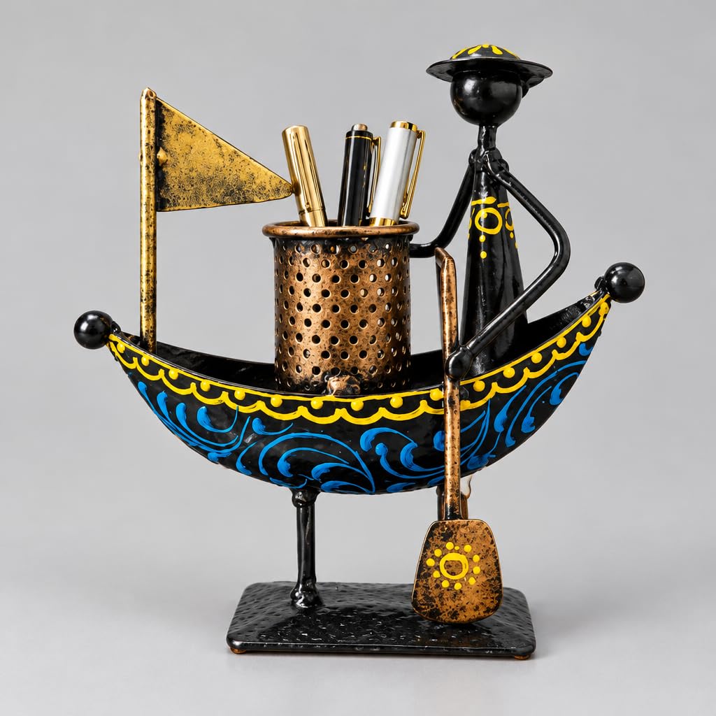 Handpainted Metal Boat Pen Holder with Boatman Figurine – view 4