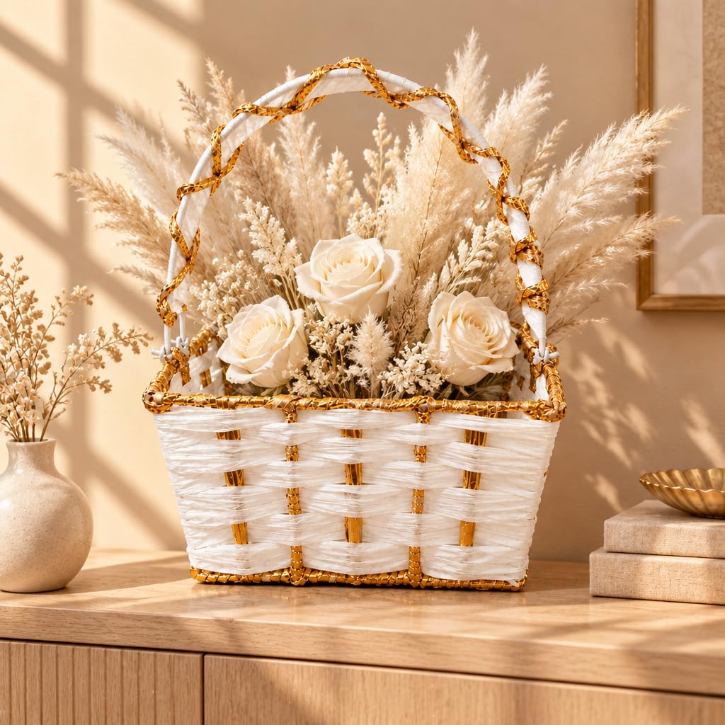 White & Gold Woven Basket for Pooja with Sturdy Carry Handle