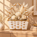 White & Gold Woven Basket for Pooja with Sturdy Carry Handle