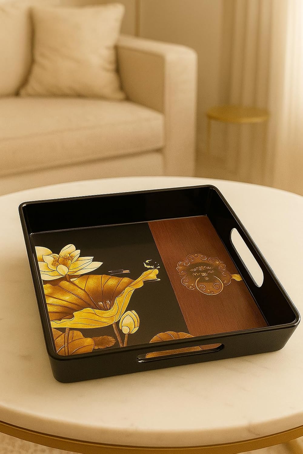 Decorative Serving Tray with Vintage Floral Tile Design (Black)