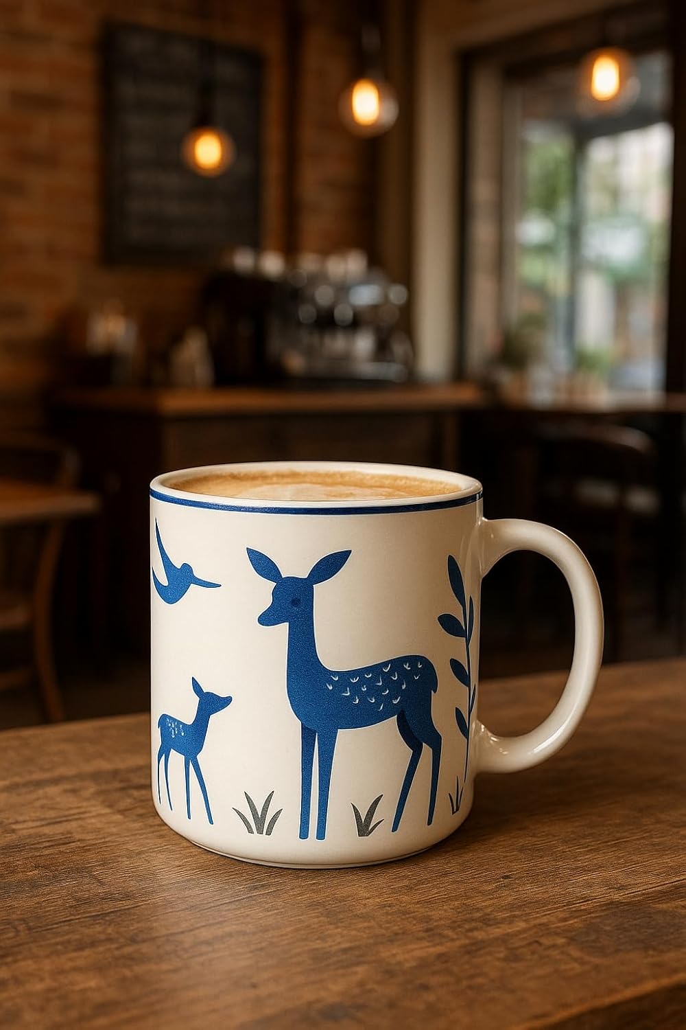Ceramic Coffee Mug with Blue Deer Design, White with Blue Rim, Animal Theme