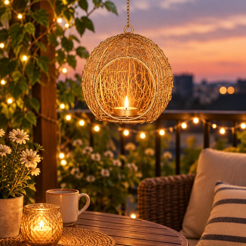 Gold Wire Mesh Ball Hanging Tealight Candle Holder Lantern – view 4
