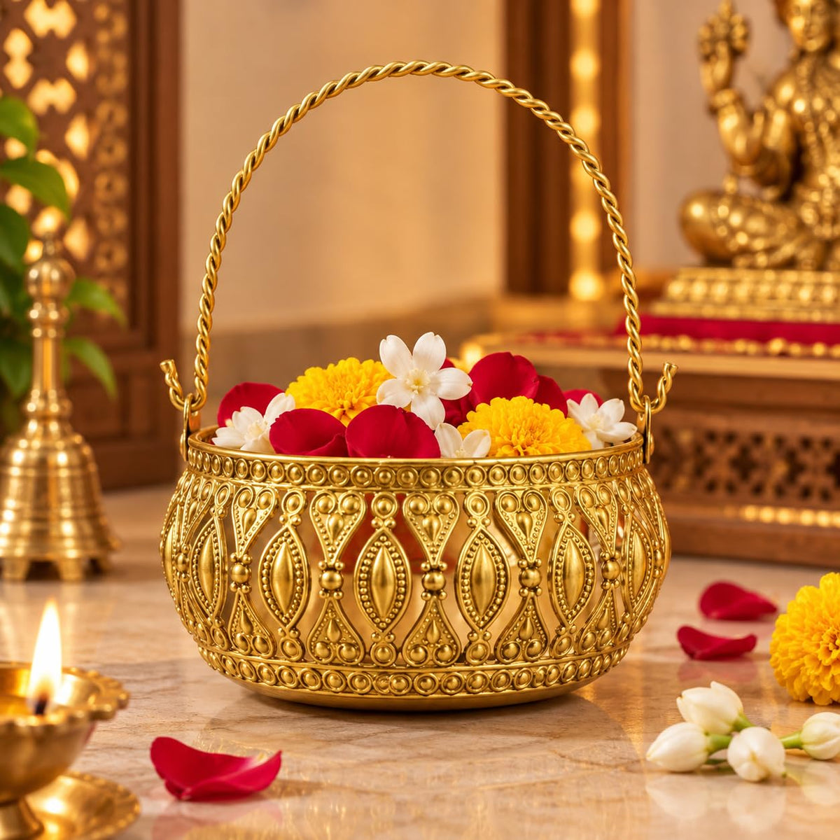 Golden Brass Flower Basket with Twisted Handle for Pooja – view 2