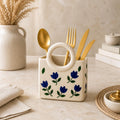 Ceramic Utensil Holder with Blue Floral Pattern, White Kitchen Organiser, Cutlery Set Holder