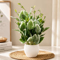 Artificial Plant with White Plastic Pot, Green Variegated Leaves