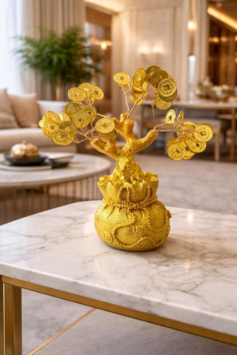 Golden Money Tree Ornament, Feng Shui Wealth Decor, Chinese Coins with Dragon Base, Home Office Tabletop Figurine