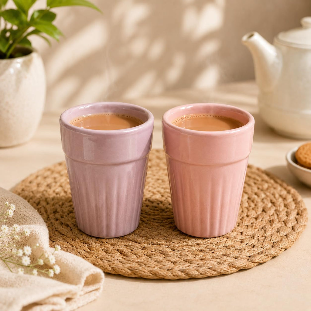 Ceramic Tea Cups, Pink and Lavender, Set of 2 | Ribbed Design
