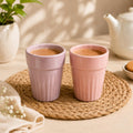 Ceramic Tea Cups, Pink and Lavender, Set of 2 | Ribbed Design