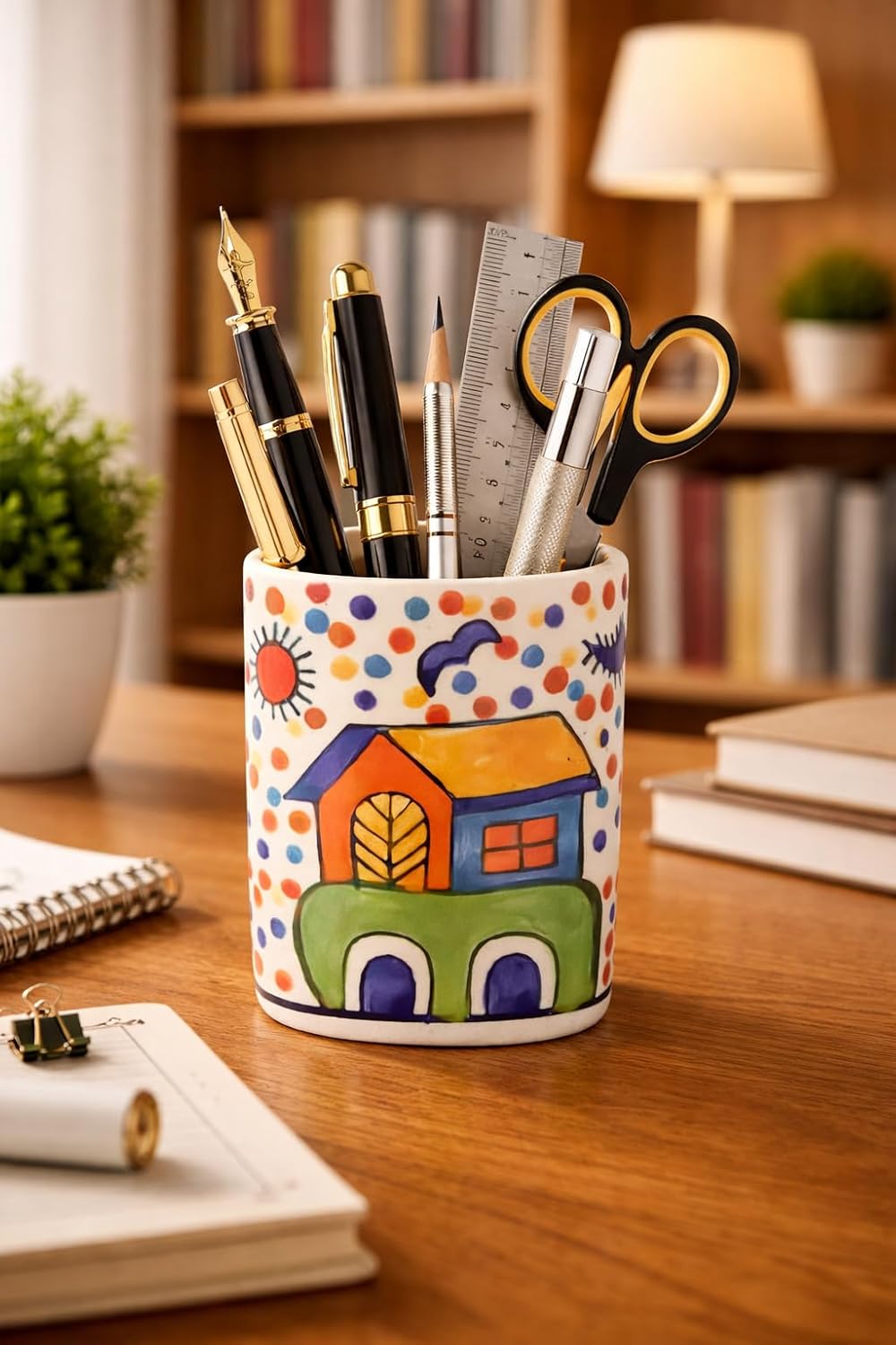 Ceramic Pen and Pencil Holder, Colourful Hand-Painted House Design, Desk Organiser for Home and Office