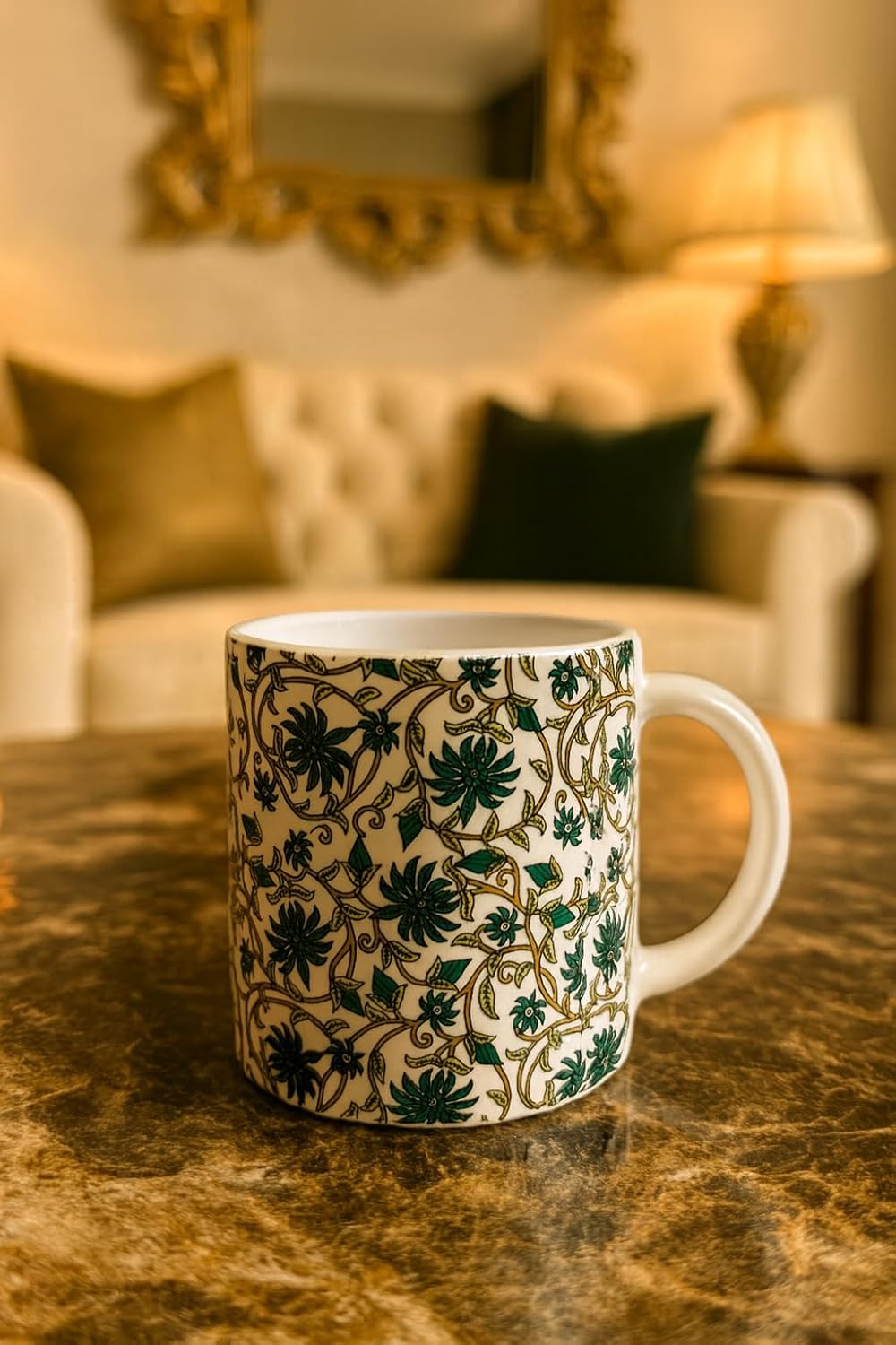 Elegant Ceramic Coffee Mug with Emerald Green Floral Pattern, White Base, Vintage Vine Design, Tea Cup for Home and Office