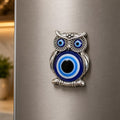 Owl Evil Eye Refrigerator Magnet, Blue, Silver Metal Frame, Nazar Boncuk Talisman, Home Decor