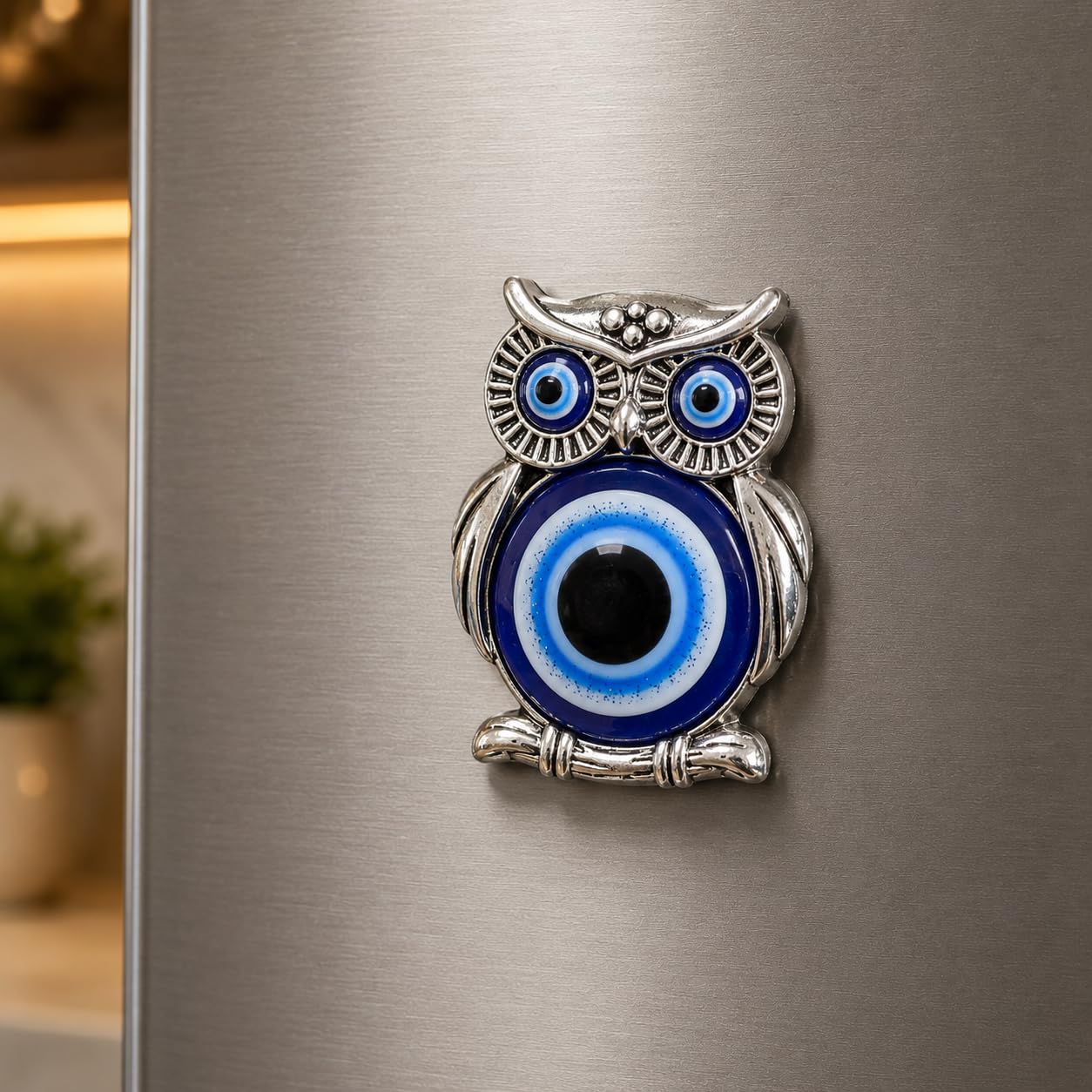 Owl Evil Eye Refrigerator Magnet, Blue, Silver Metal Frame, Nazar Boncuk Talisman, Home Decor