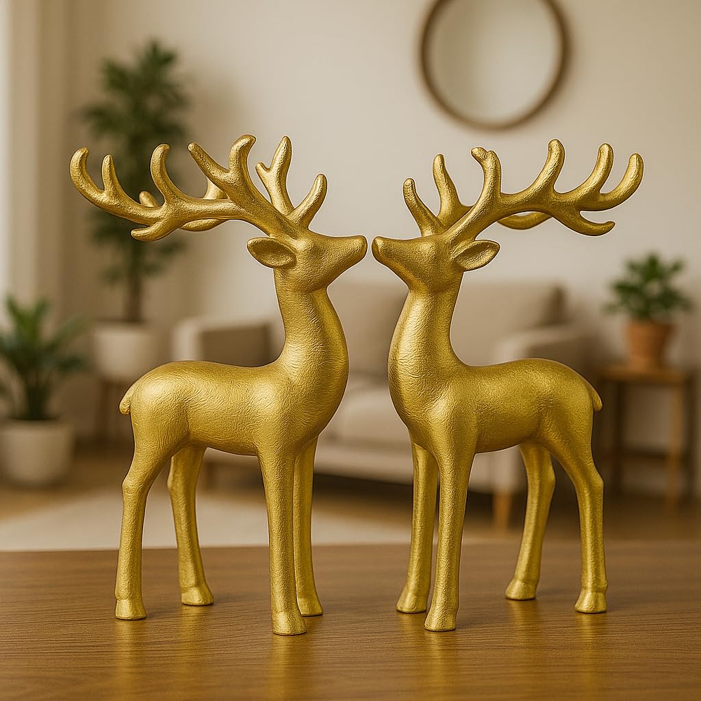 Manifested Decor Golden Antique Vastu Metal Reindeer Figure Statue for Good Luck | Christmas Deer Showpiece for Home Decor Tabletop - Ideal for Gifting(Set of 2)