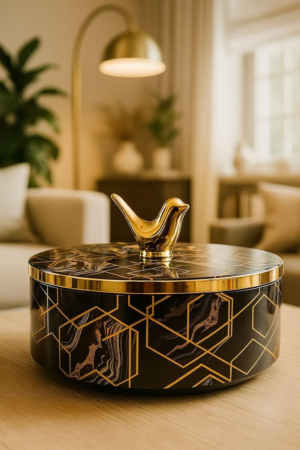 Luxury Decorative Storage Box with Gold Bird Lid, Geometric Pattern, Modern Home Decor
