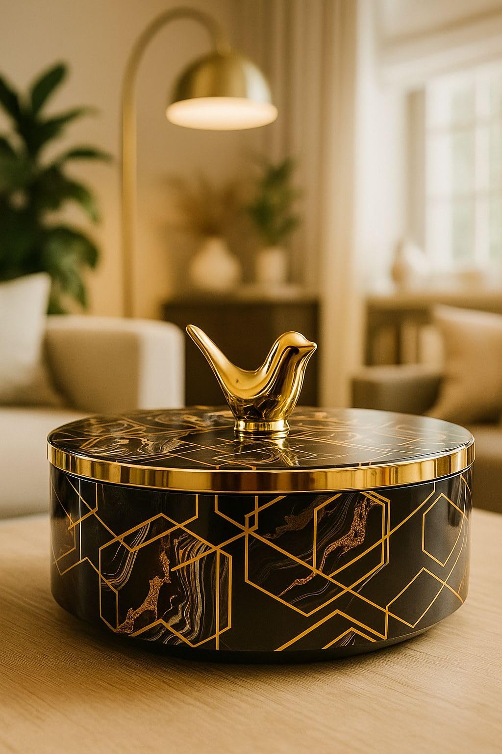 Luxury Decorative Storage Box with Gold Bird Lid, Geometric Pattern, Modern Home Decor