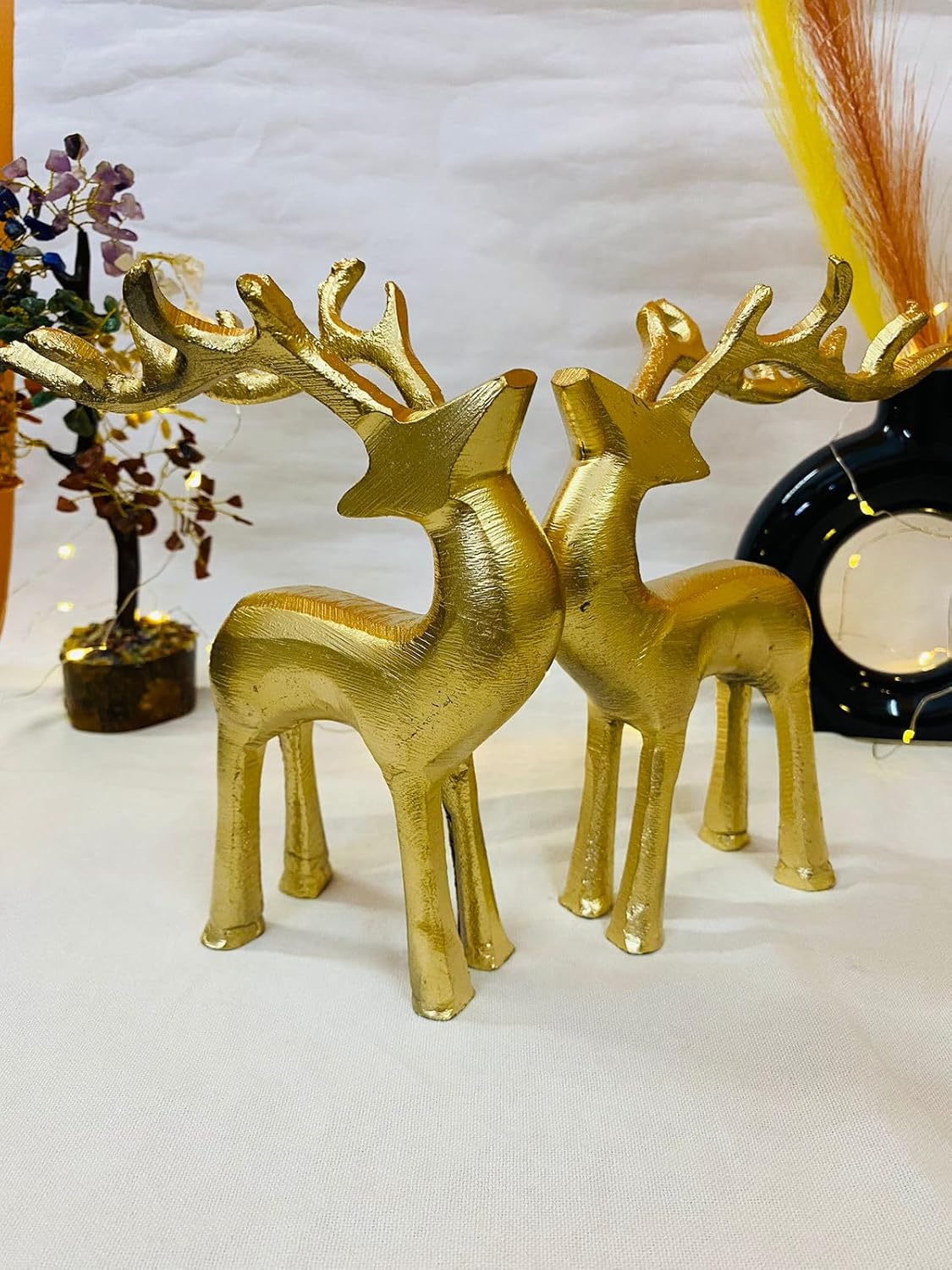 Manifested Decor Golden Antique Vastu Metal Reindeer Figure Statue for Good Luck | Christmas Deer Showpiece for Home Decor Tabletop - Ideal for Gifting(Set of 2)