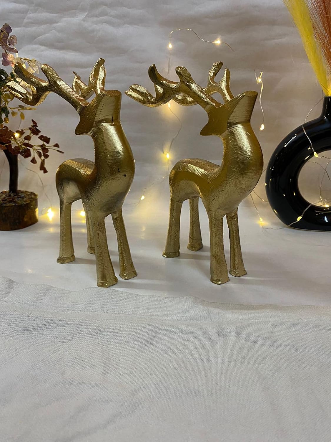 Manifested Decor Golden Antique Vastu Metal Reindeer Figure Statue for Good Luck | Christmas Deer Showpiece for Home Decor Tabletop - Ideal for Gifting(Set of 2)