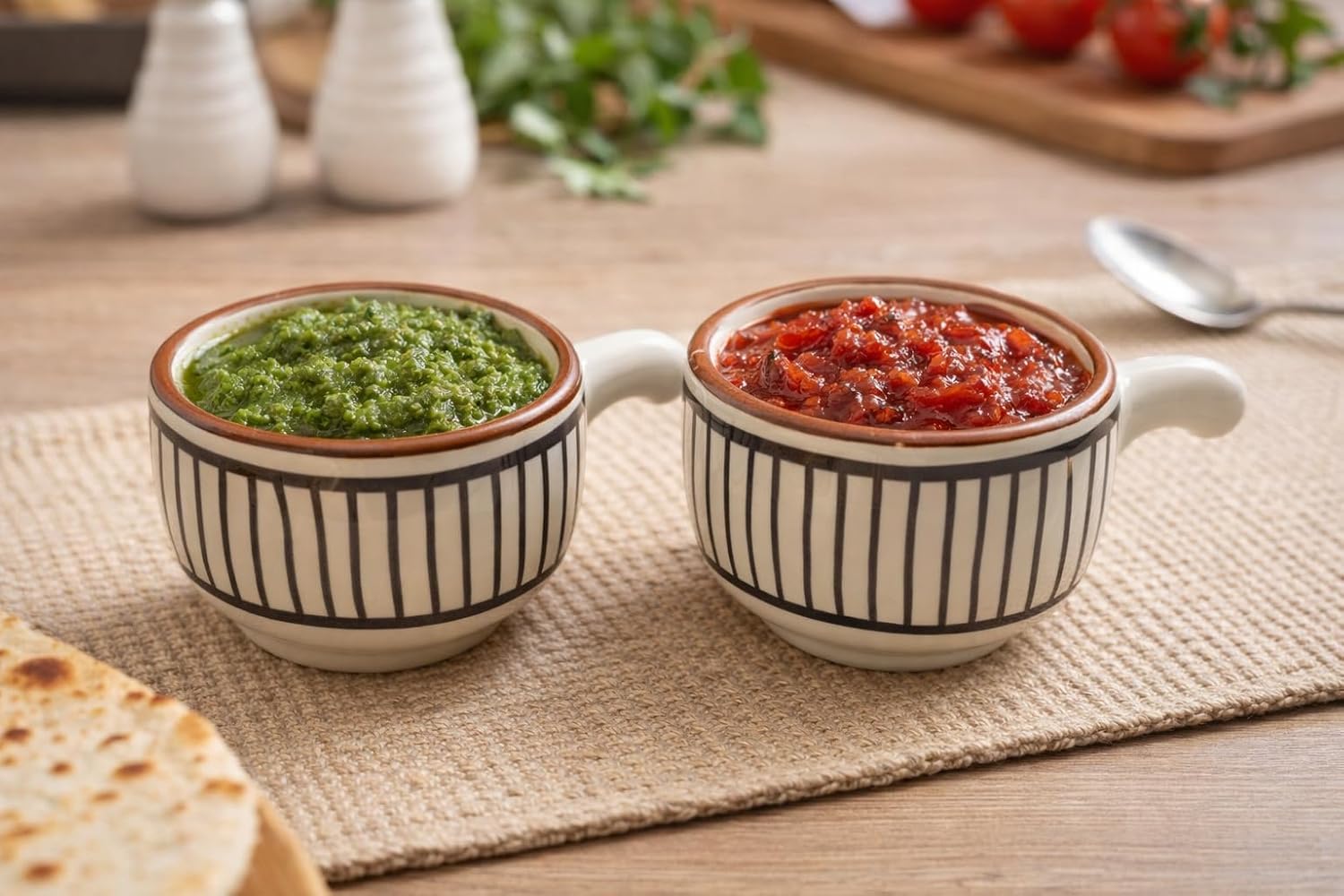 Ceramic Sauce Bowls with Handles, Set of 2, Vertical Stripe Pattern, Brown Rim, Small Serving Dishes