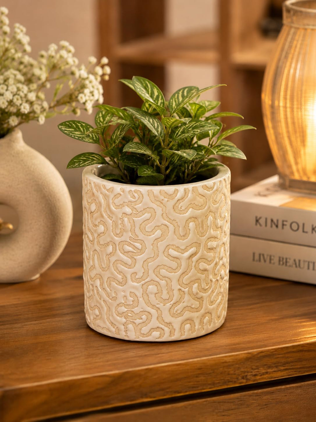 Ceramic Planter Pot, White with Embossed Wavy Pattern | Cylindrical Shape, Glazed Finish, Indoor Plant Pot, Textured Surface, Home Decor