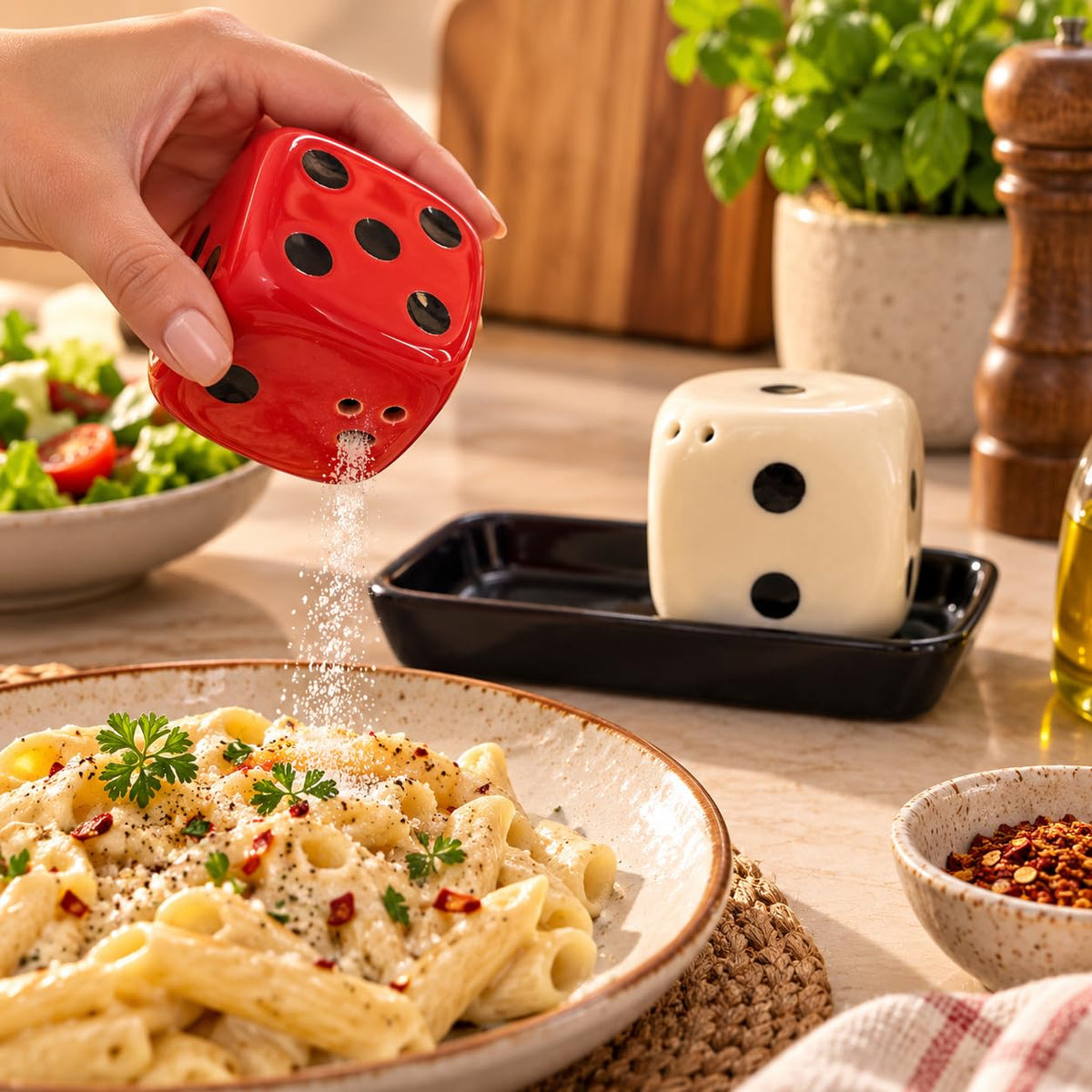 Ceramic Salt and Pepper Shaker Set - Cute Trendy Designs - Mushroom, Onion Garlic, Watermelon and Leaf Design (Dice)