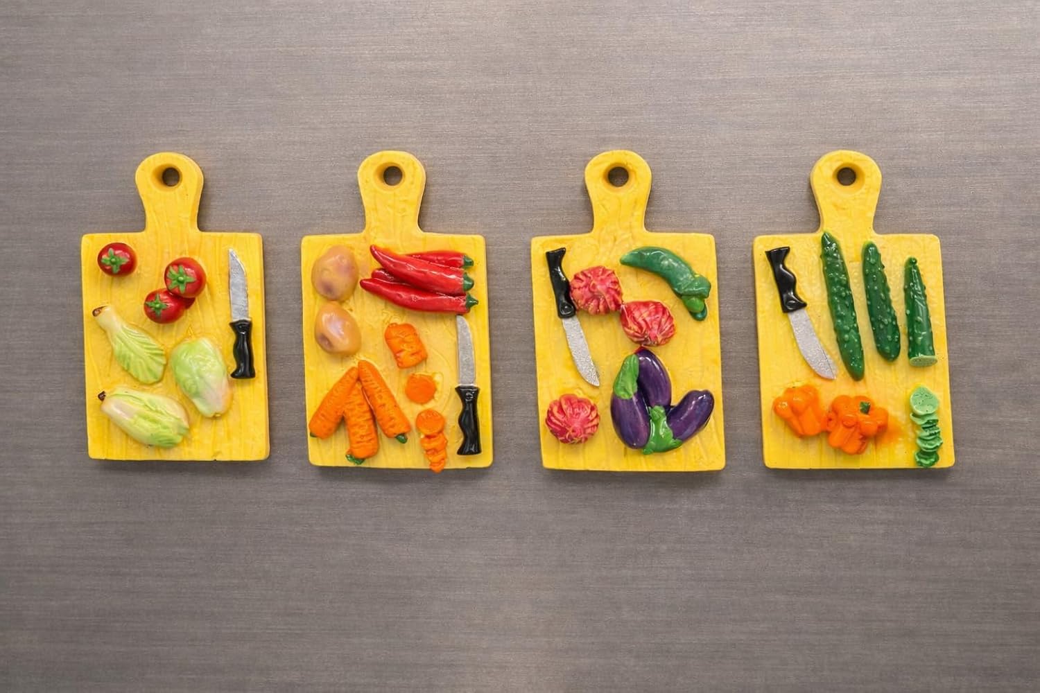 Miniature Cutting Board Magnets with Vegetables, Yellow, Kitchen Decor, Set of 4