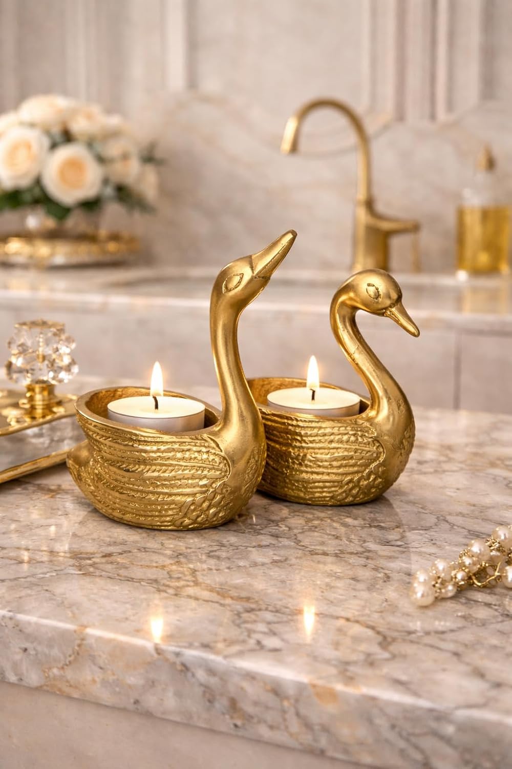 Golden Swan Tealight Candle Holders, Set of 2, Decorative Metal, Textured Design