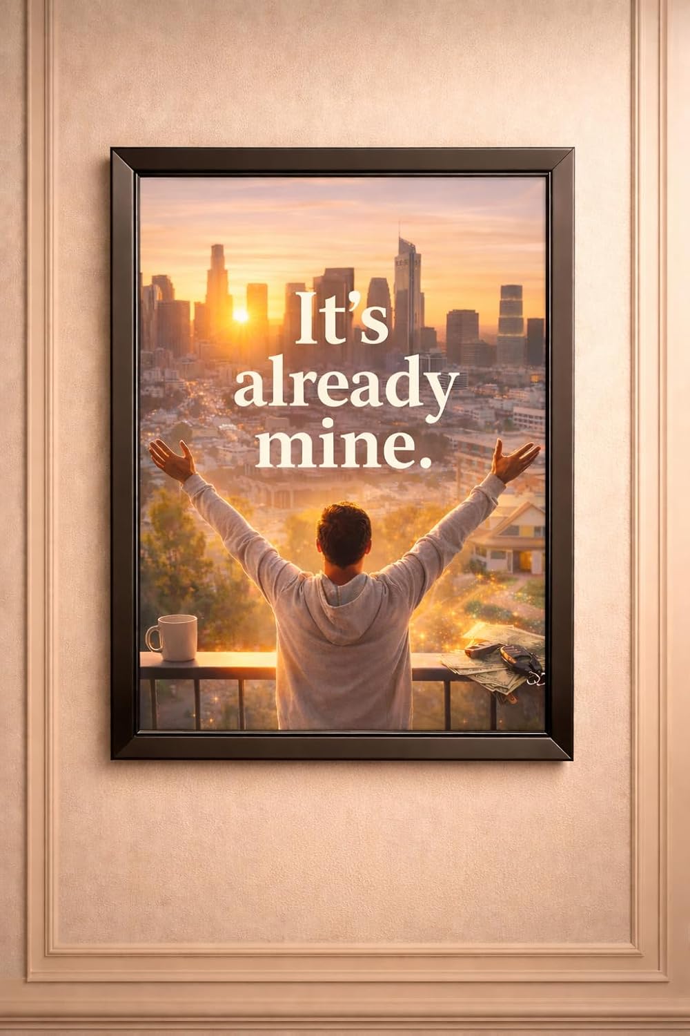 Manifested Decor Motivational Wall Art, Framed Poster, It's Already Mine Quote, City Sunrise Theme, Inspirational Decor