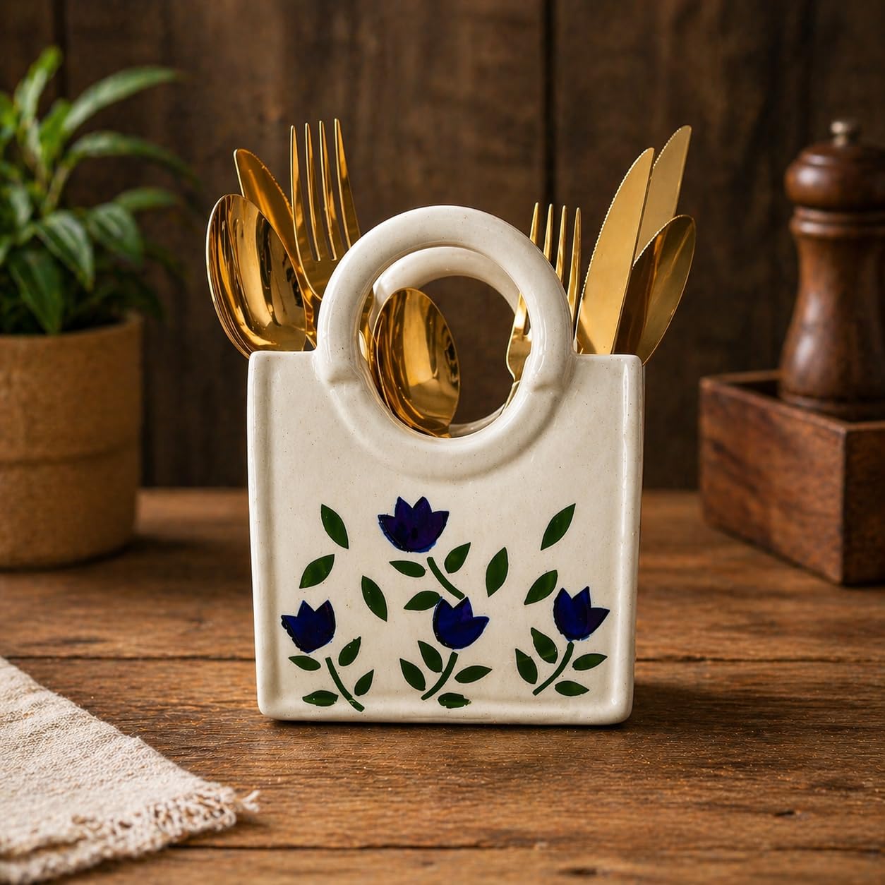 Ceramic Utensil Holder with Blue Floral Pattern, White Kitchen Organiser, Cutlery Set Holder