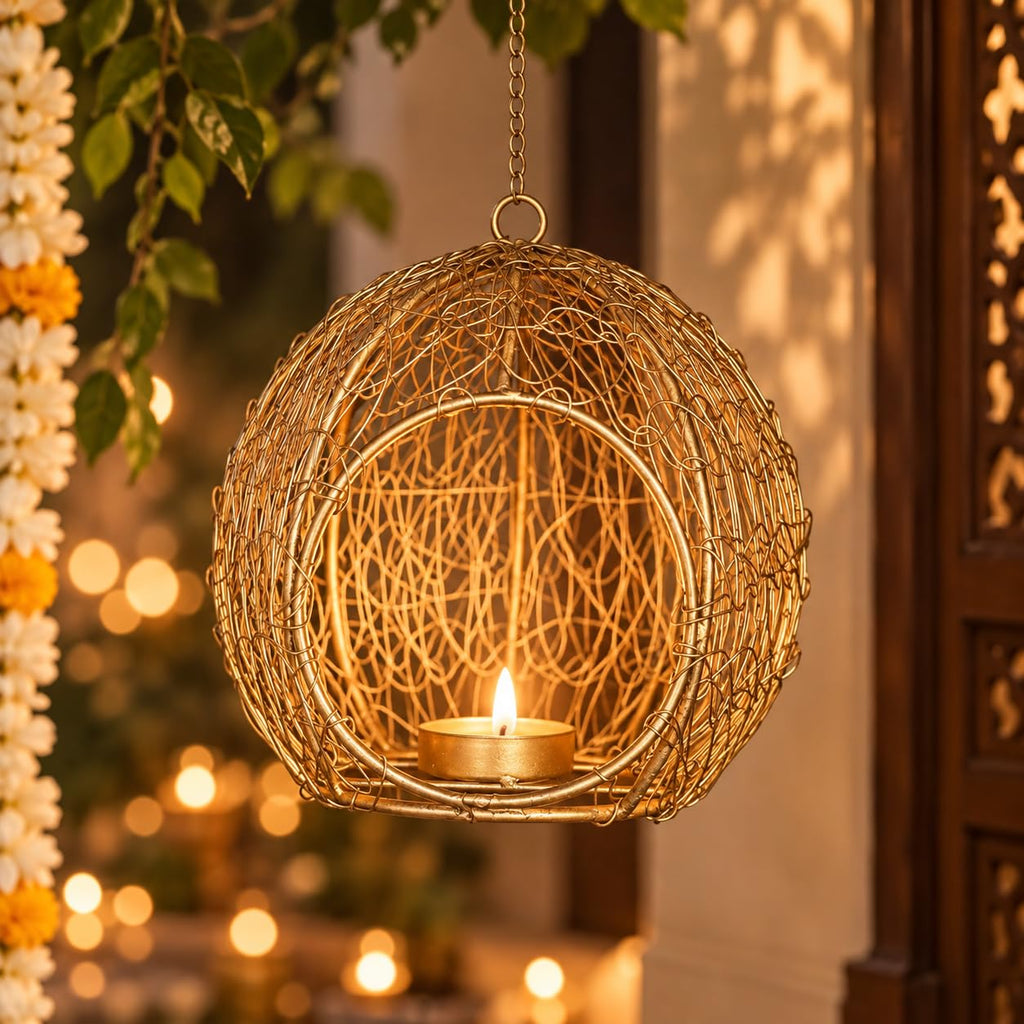 Gold Wire Mesh Ball Hanging Tealight Candle Holder Lantern