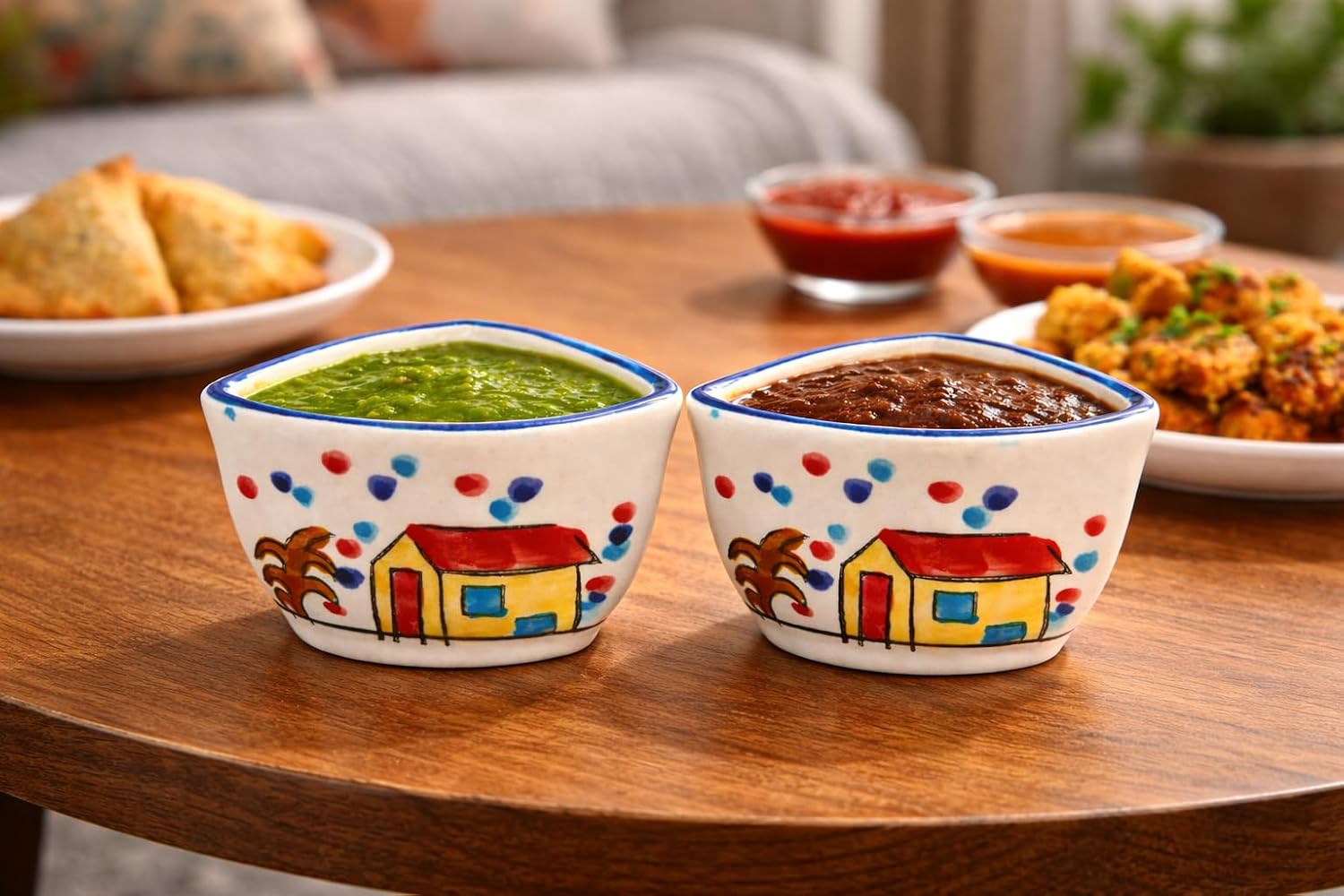 Ceramic Sauce Bowls, Hand-Painted House Design, Multicolour Polka Dots, Set of 2, Small Serving Bowls