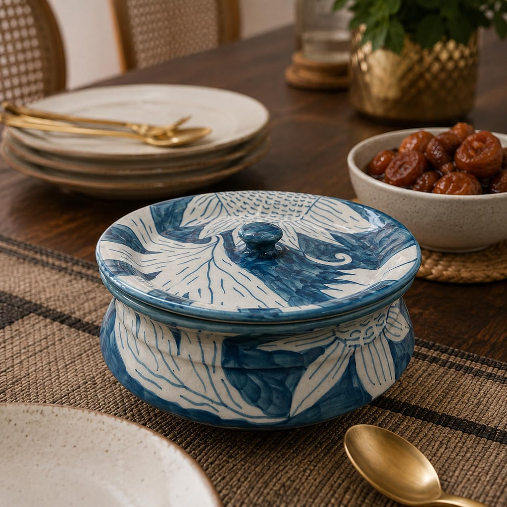 Ceramic Serving Bowl with Lid, Blue Floral Hand-Painted Design