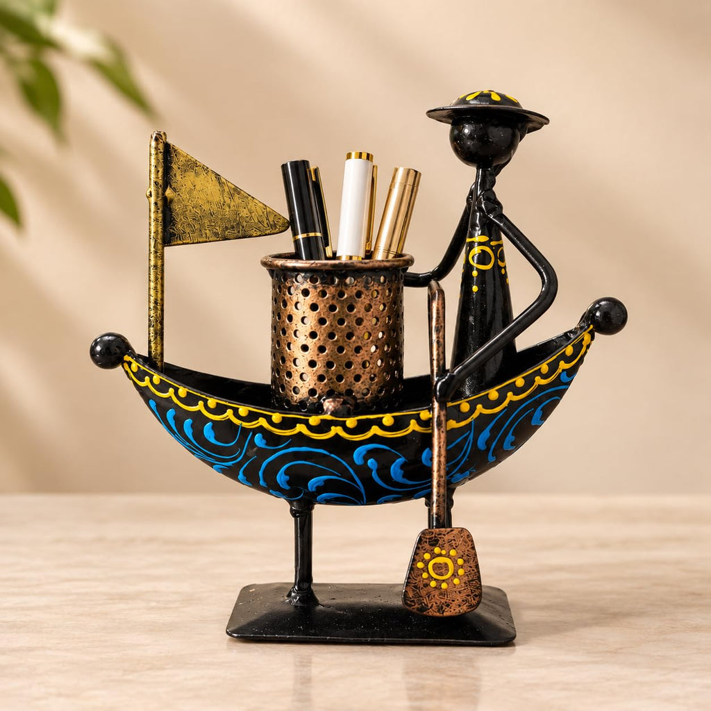 Handpainted Metal Boat Pen Holder with Boatman Figurine